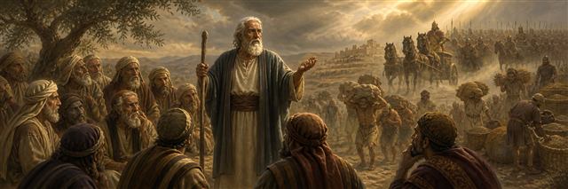 Samuel addressing Israel’s elders as royal chariots and laborers appear beyond